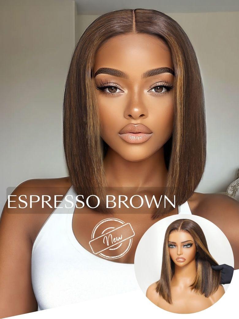 Bye-Bye Knots 7x5 Lace Espresso Brown With Highlights Middle Part Blunt Bob Wig