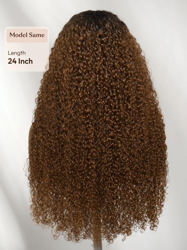 7x5 Bye Bye Slip? Lace Warm Caramel Brown with Dark Roots Natural Afro Curly Wig with Invisi Drawstring