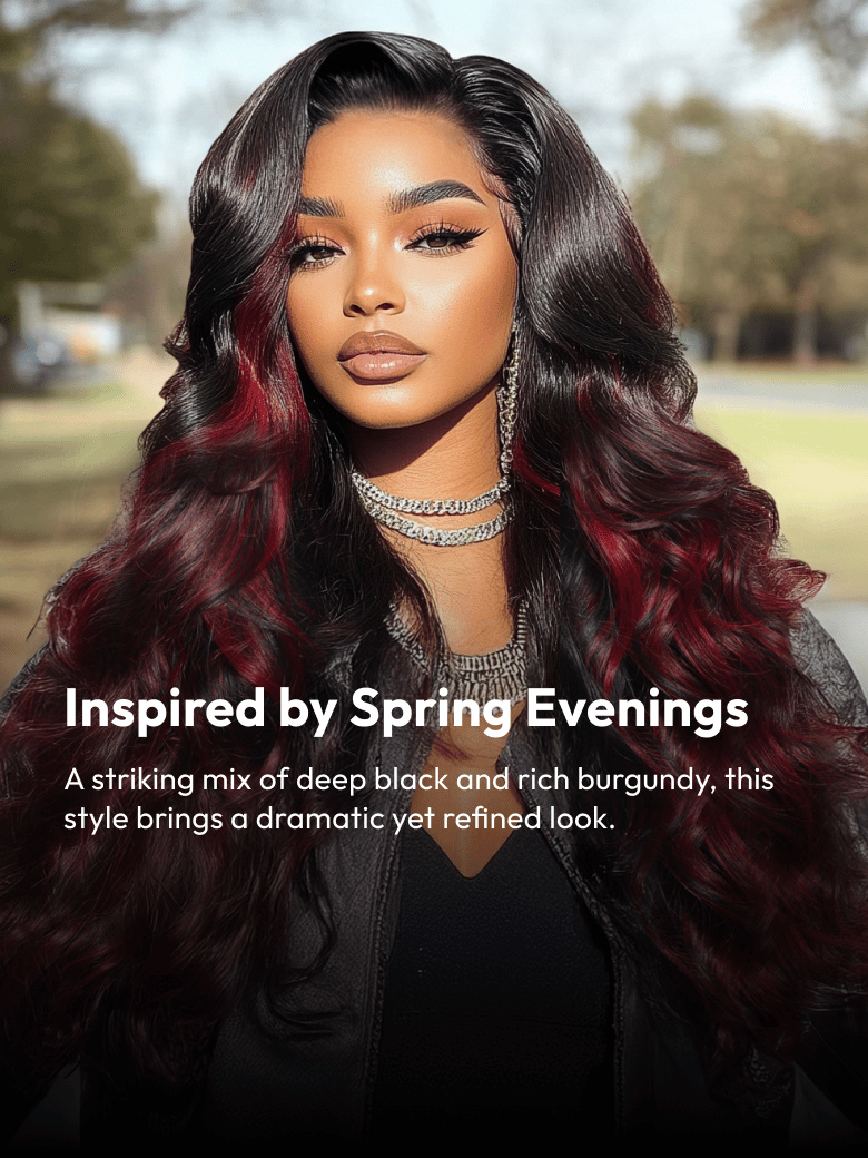 Bye-Bye Knots 7x5 Lace Loose Wave Burgundy Highlights Wig with Face Framing Layers