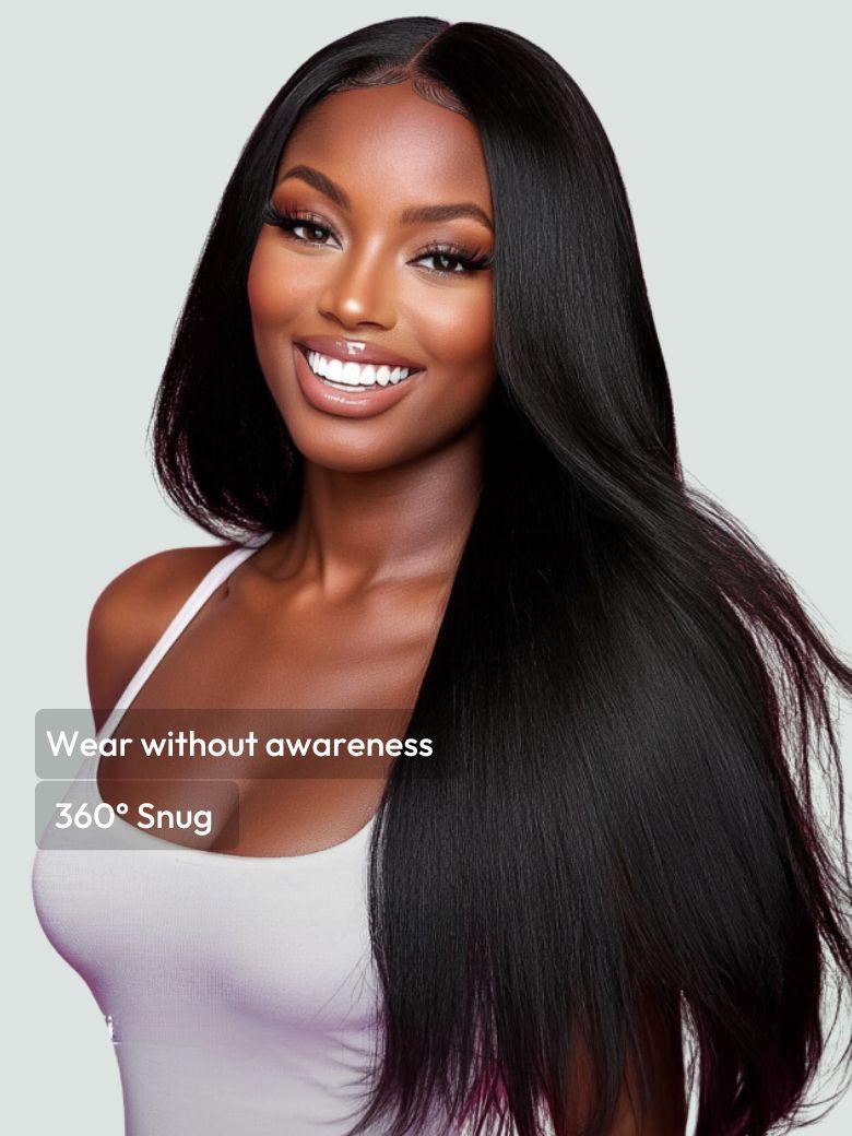 EasiContour? V Part Glueless Yaki Straight Wig With Invisi Drawstring 100% Human Hair 150% Density