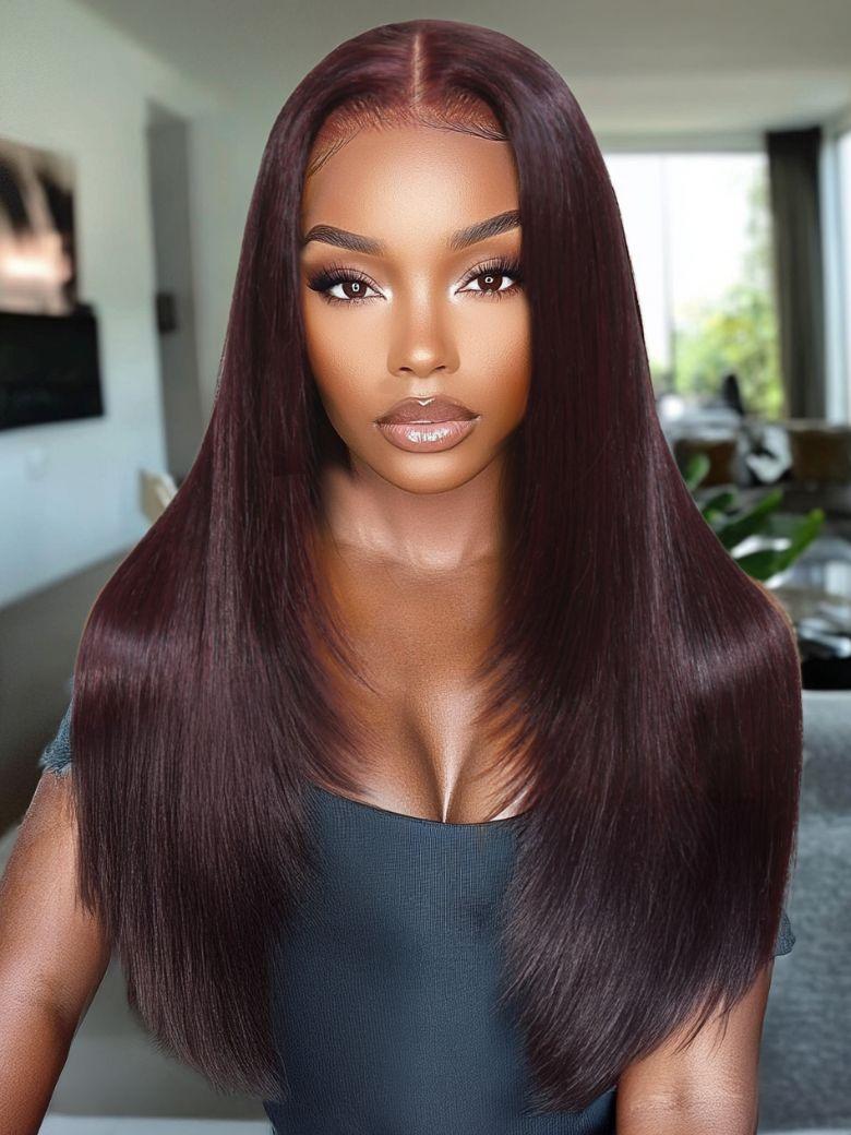 13x4 Pre-Everything Lace Frontal Layered Straight Purple Black Cherry Drawstring Wig
