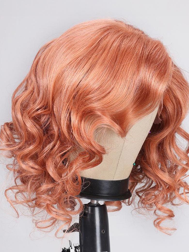 13x4 Lace Front Strawberry Brown Short Wavy Wig With Side Bangs