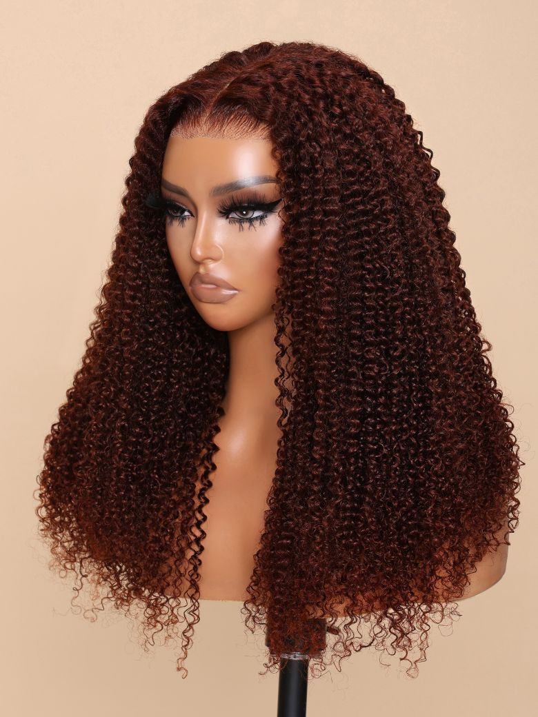 Bye Bye Knots Wig 7x5 Glueless Lace Reddish Brown Kinky Curly Bleached Knots Wig