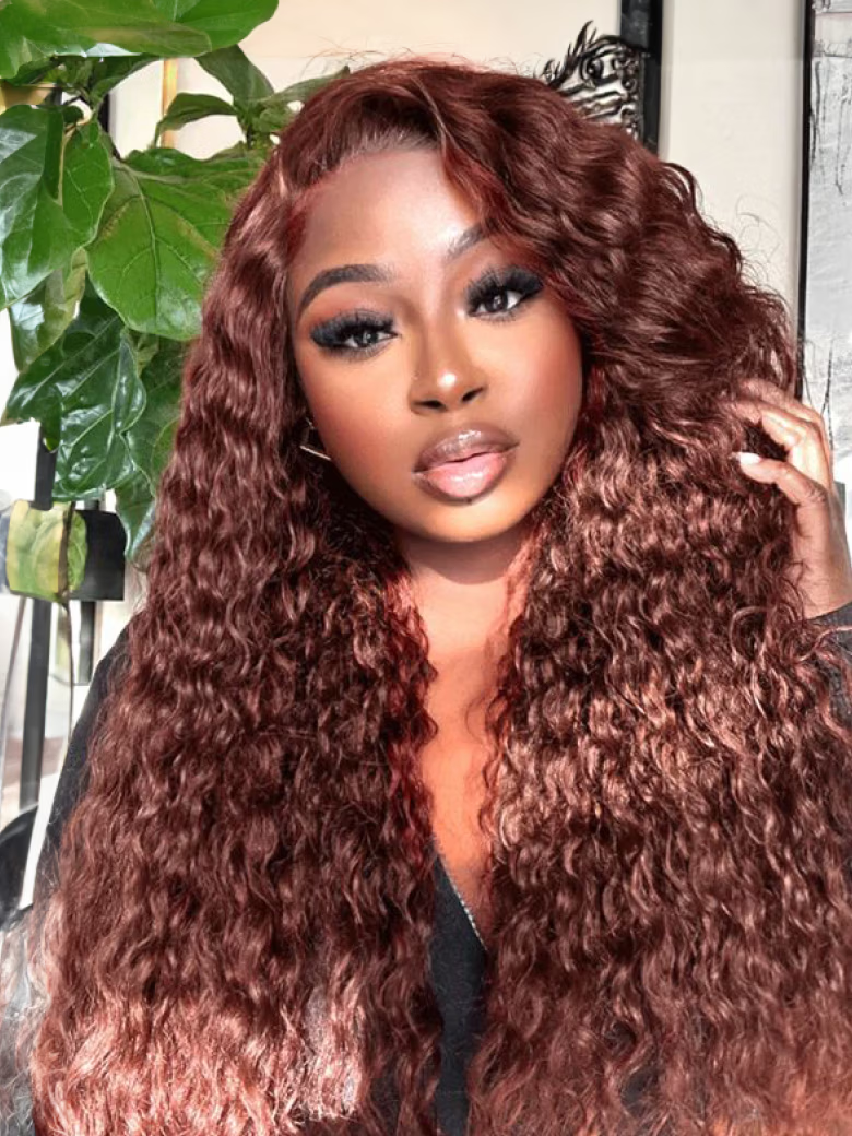 13x4 Pre Everything Glueless Lace Frontal Wig Reddish Brown Water Wave Wig Pre-Cut & Pre-Pluck & Pre-Bleached Pre-Everything Wig 150 Density
