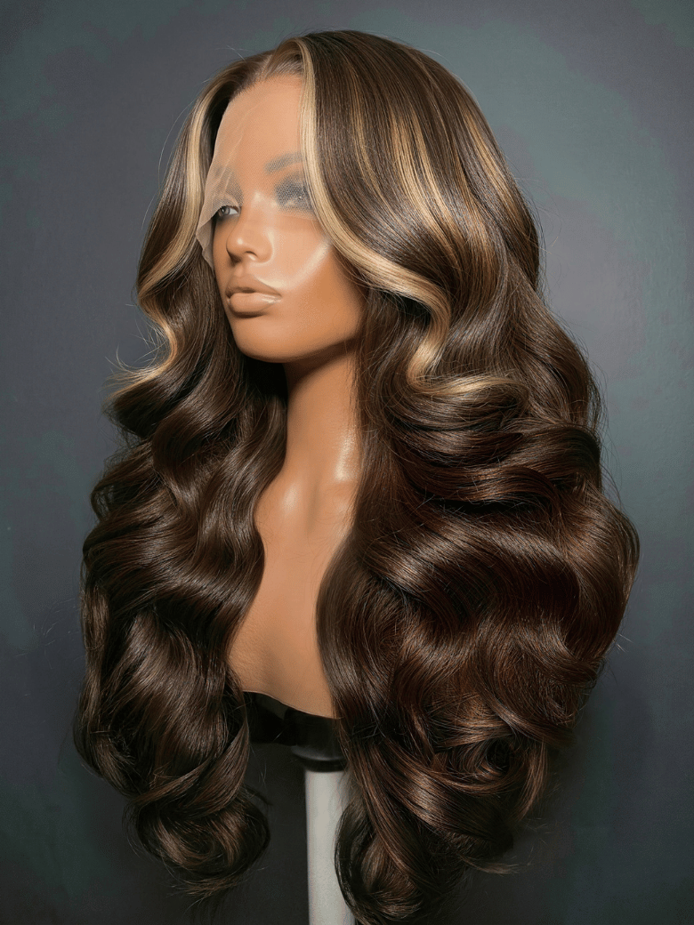 360 HD Lace Pre-plucked Luxury Raw Virgin Hair Chocolate Brown Balayage Body Wave Wig with Money Piece Highlights