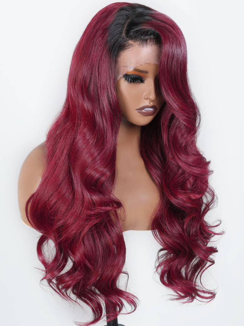 24" 180% Density 13x4 Lace Front Burgundy Red With Dark Roots Body Wave Wig