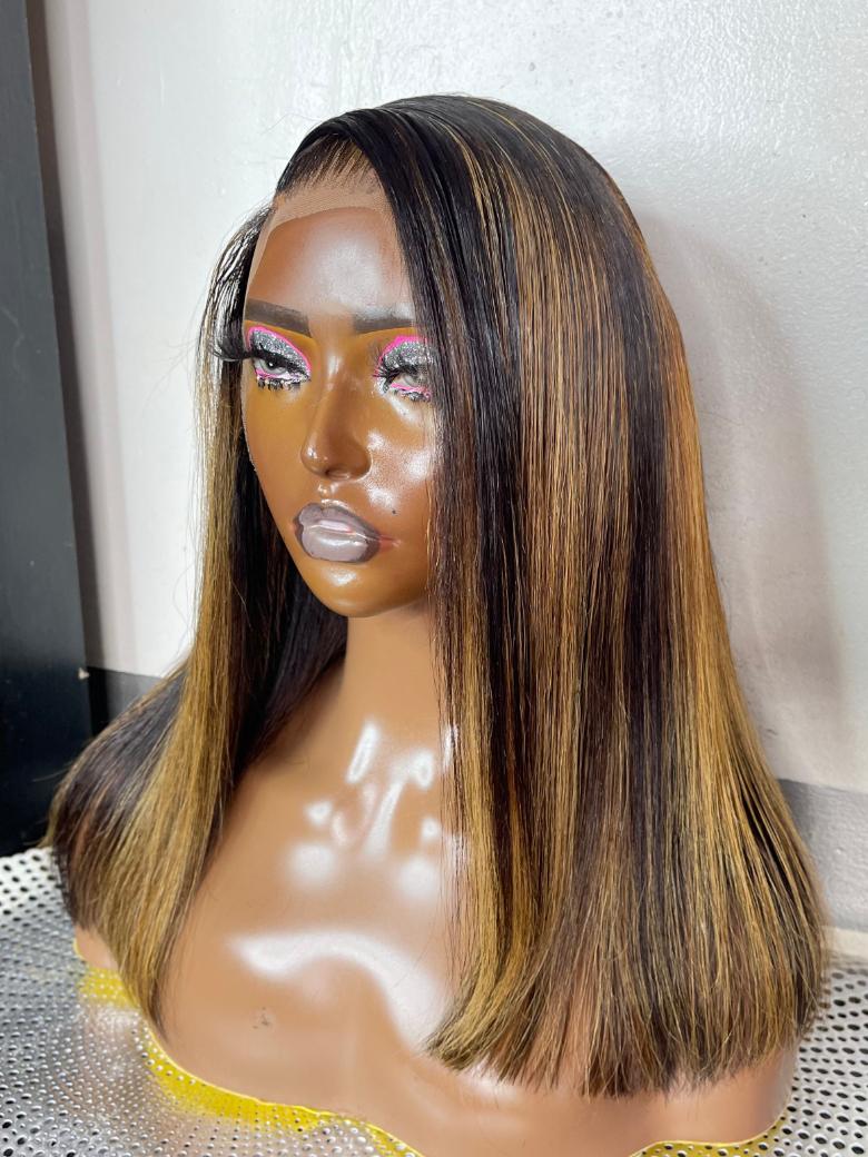 13x4 Lace Front Black With Medium Auburn Brown Highlights Loose Wave Shoulder Length Wig