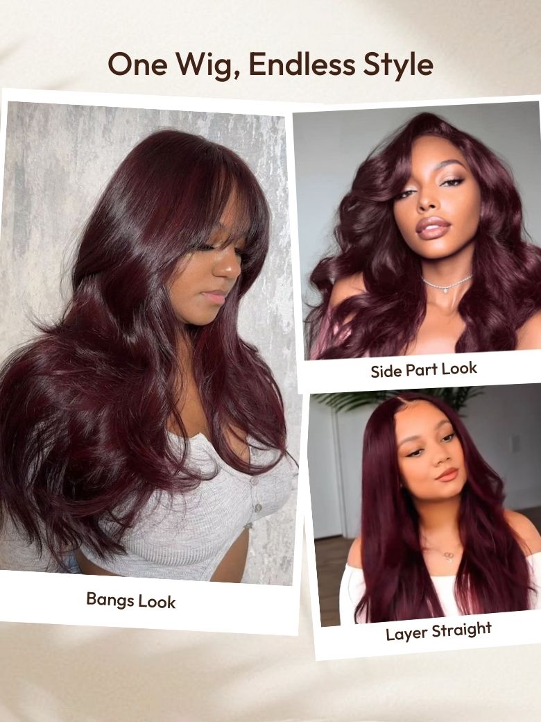 7x5 Bye-Bye Knots? & 13x4 Pre-Everything? Lace Frontal Purple Black Cherry Layered Straight & Loose Wave With Invisi Drawstring Wig