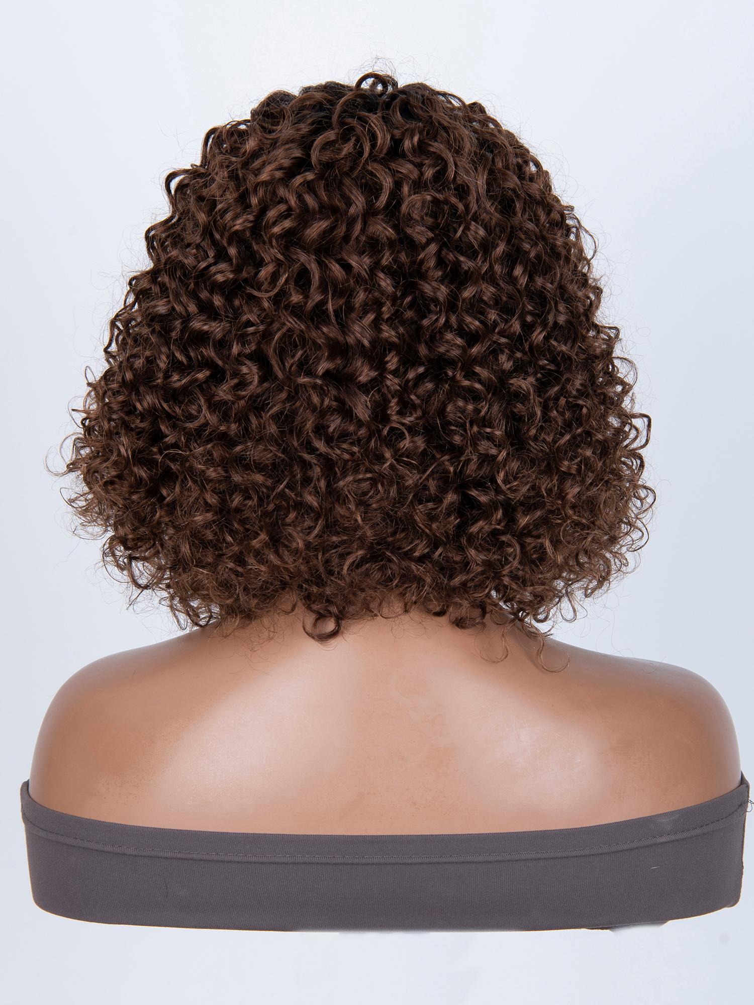 Glueless Dark Brown Curly Ombre Black Root Bob Wig With Bangs Machine Made Wig