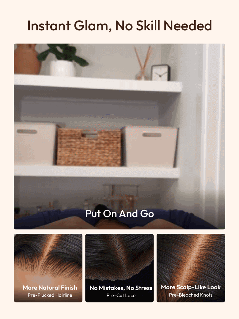 secure no slip glueless wig diagram showing honey blonde style, pre-plucked hairline, pre-cut lace, and pre-bleached knots.