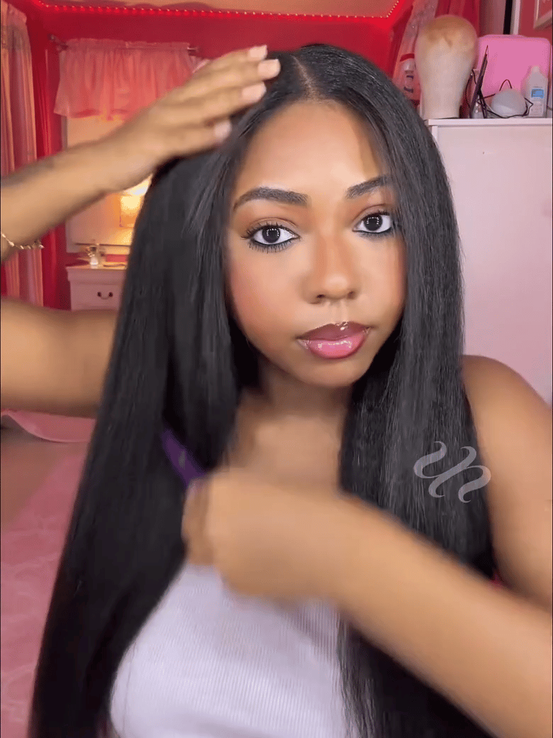 InvisiBlend™ V Part Glueless Yaki Straight Natural Black Wig With Invisi Drawstring 100% Human Hair 180% Density