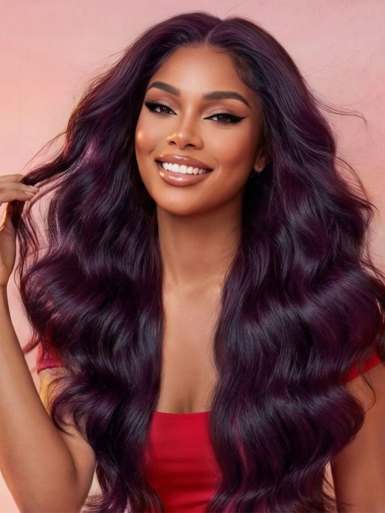 7x5 Bye-Bye Knots? & 13x4 Pre-Everything? Lace Frontal Purple Black Cherry Layered Straight & Loose Wave With Invisi Drawstring Wig