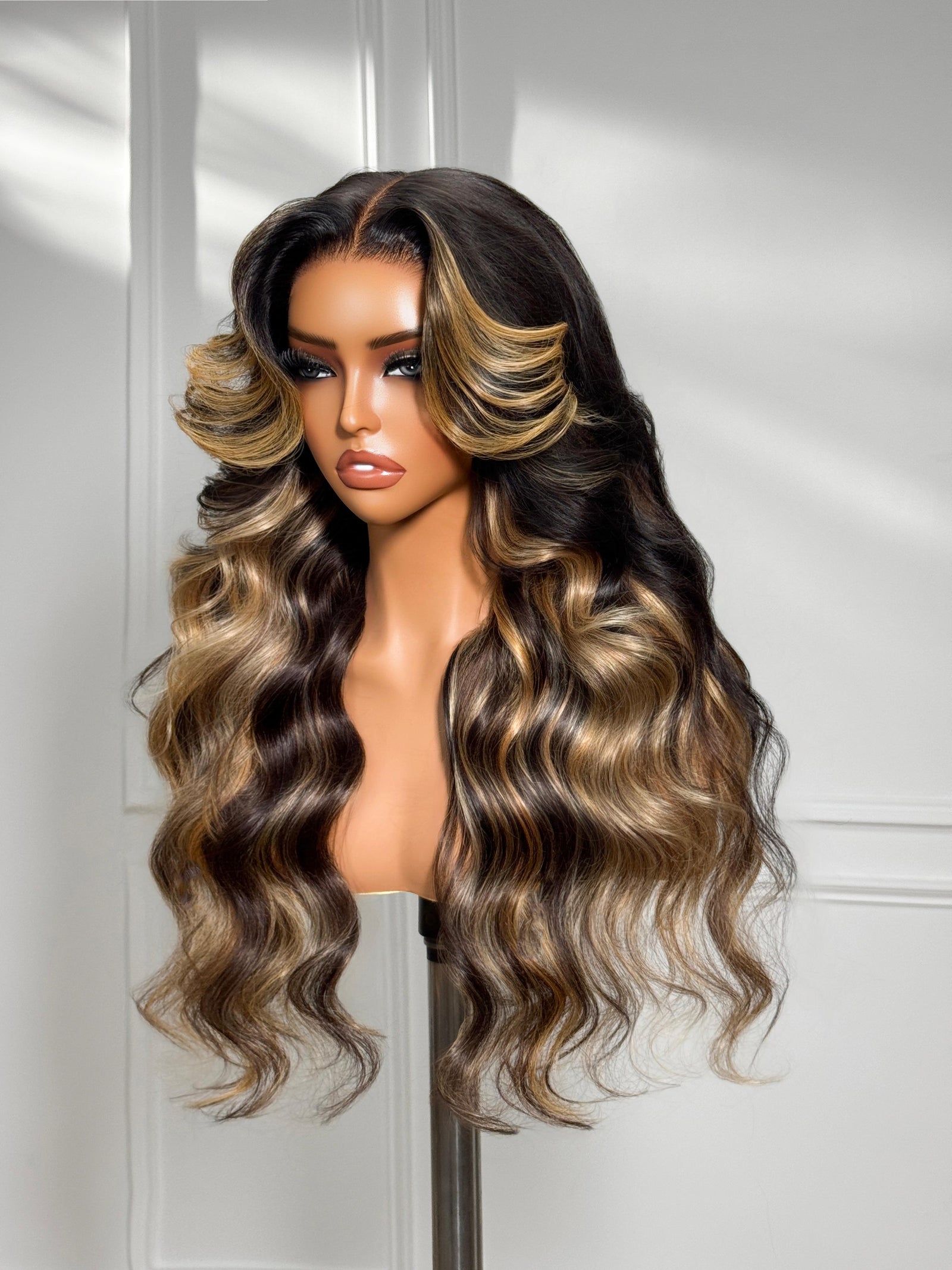 7x5 Bye-Bye Slip Loose Wave Butterscotch Highlights Brown with Free Face Framing Bangs Wig
