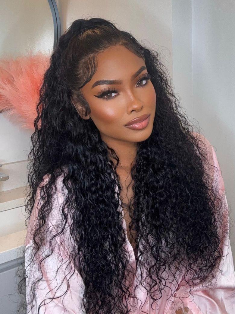 13x4 Pre-Everything? Lace Frontal Natural Black Bouncy Water Wave Curly Drawstring Exclusive Design Wig Perfect For Summer Look