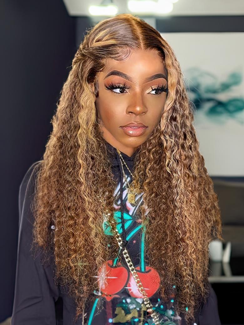 Lace Front Honey Blonde Money Piece Highlight Curly Human Hair Wigs