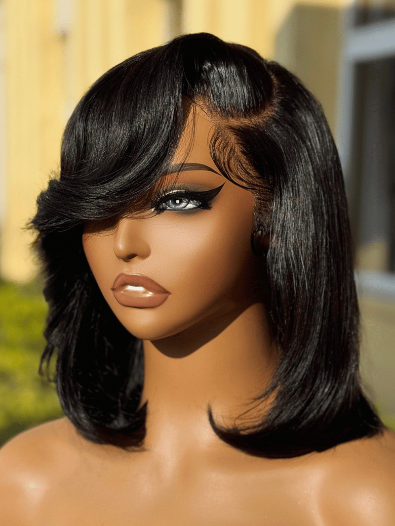 4x4 Lace Closure Black Bob Wig With Side Swept Bangs 150% Density
