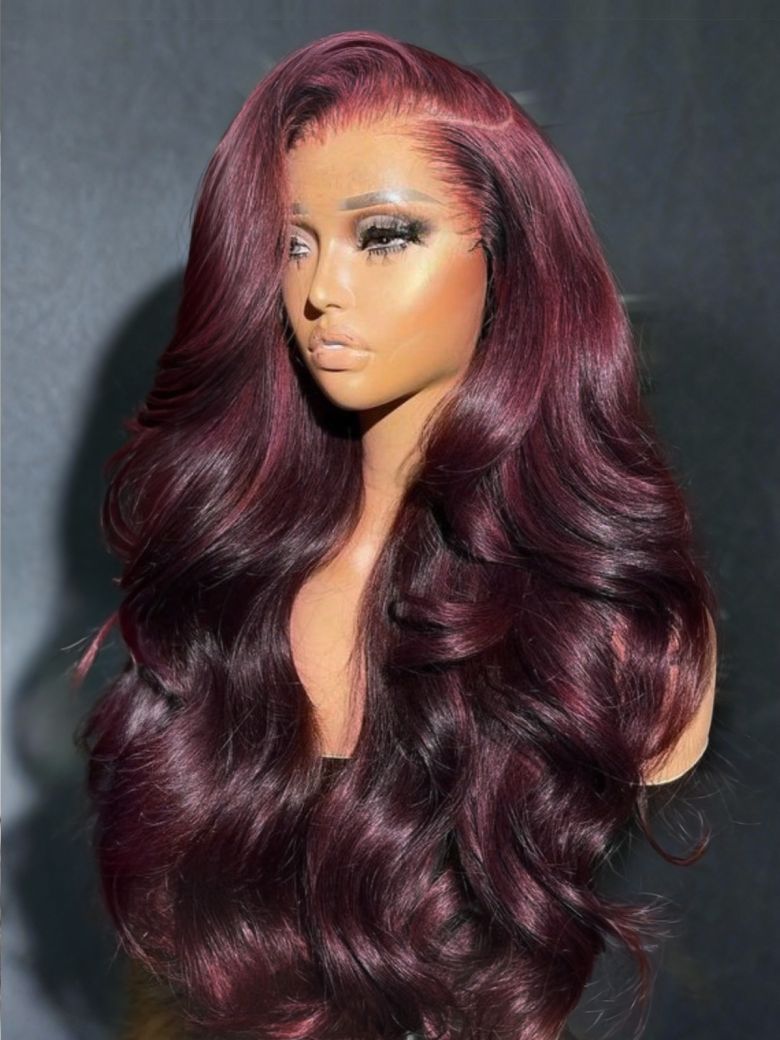 7x5 Bye-Bye Knots? & 13x4 Pre-Everything? Lace Frontal Purple Black Cherry Layered Straight & Loose Wave With Invisi Drawstring Wig