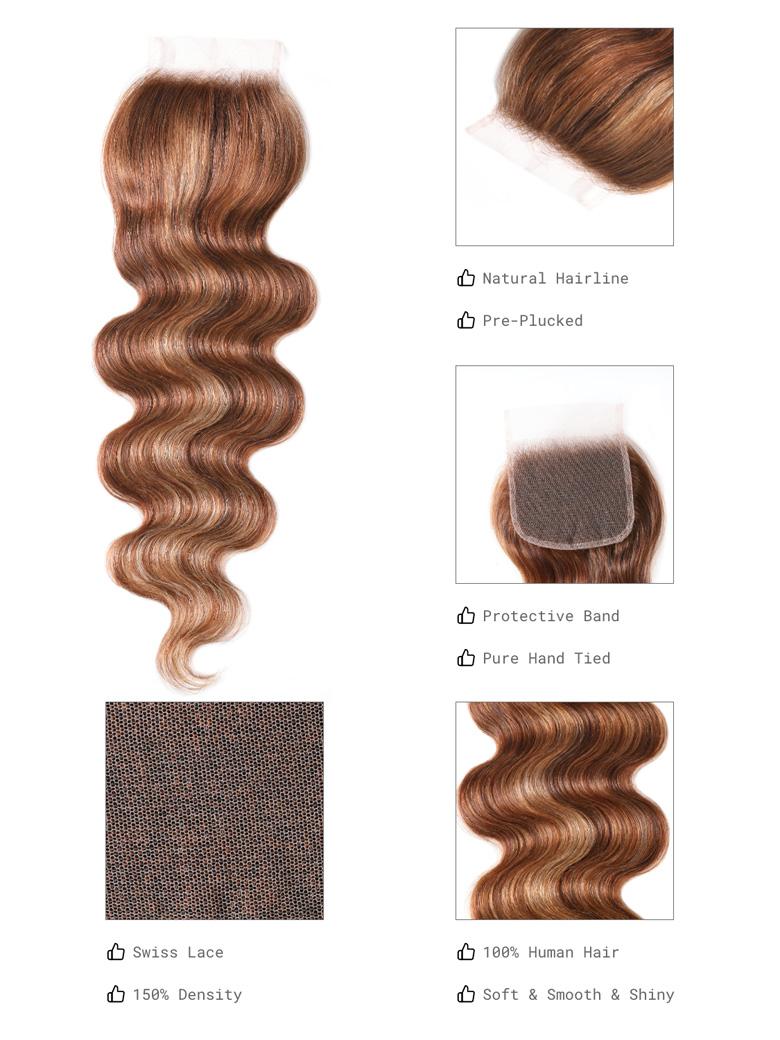 Honey Blonde Highlighted Body Wave 4x4 Free Part Closure