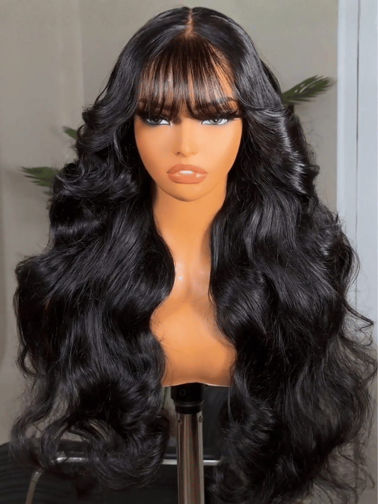 13x4 Pre-Everything Lace Frontal Wig Fluffy Natural Loose Wave Curtain Bangs Wig With Invisi Drawstring