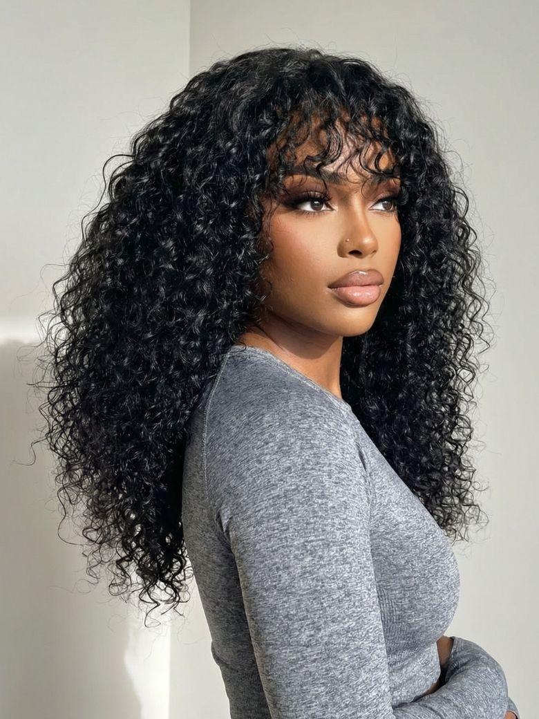 4x0.75 Lace Shaggy Natural Black Defined Curly Wig with Bangs for Beginner
