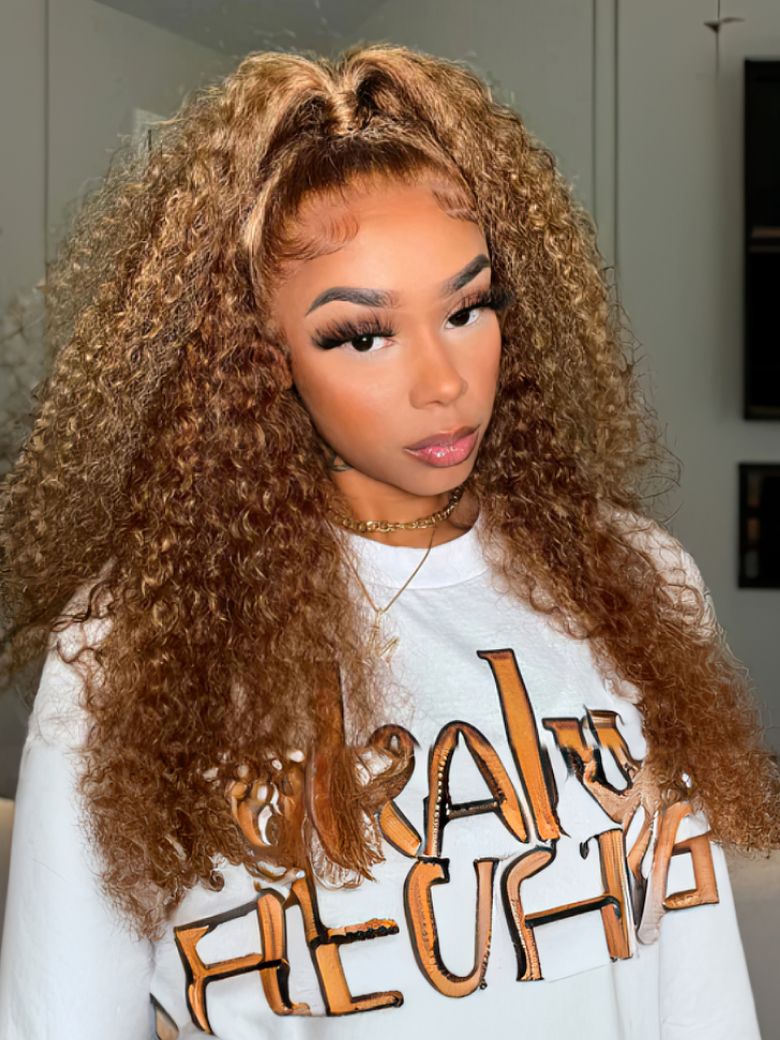 Put On And Go 6x4.5 Pre Cut Lace Honey Blonde Highlights Curly Air Wig