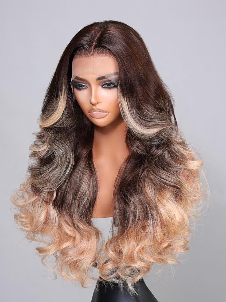 24 Inch 13x4 Lace Front Chocolate Brown To Blonde Ombre Loose Wave Wig