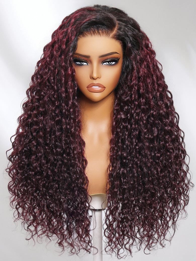 13x4 Lace Frontal Burgundy Plum With Dark Roots Water Wave Pre-Everything Wig