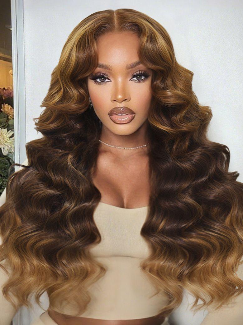 13x4 Pre-Everything? Lace Frontal Brown Balayage Loose Wave Glueless Drawstring Wig with Layered Curtain Bangs