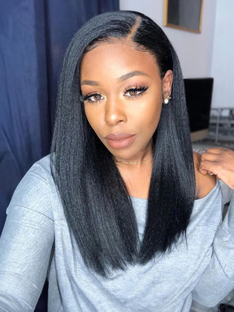Invisible 5x5 HD Glueless Lace Wig Kinky Straight Hair 180% High Density Pre Plucked Natural Black (US Only)