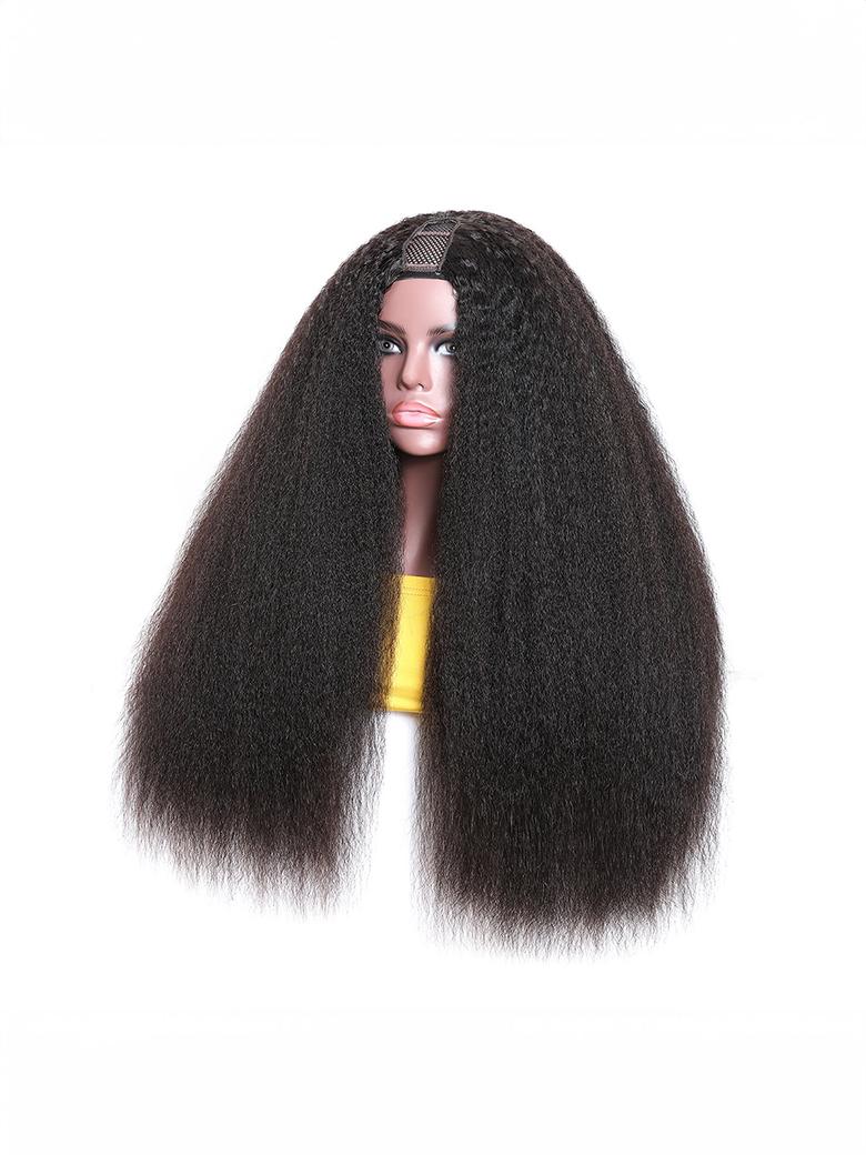 Beginner Friendly Kinky Straight U/V Part Glueless Wig Brazilian Natural Black Wig