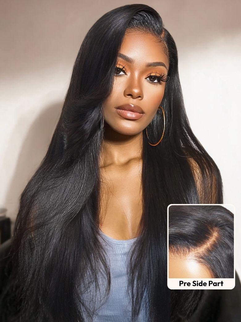 13x4 Pre-Everything? Lace Frontal Black Side Part Layered Straight Drawstring Wig With Side-Swept Bangs