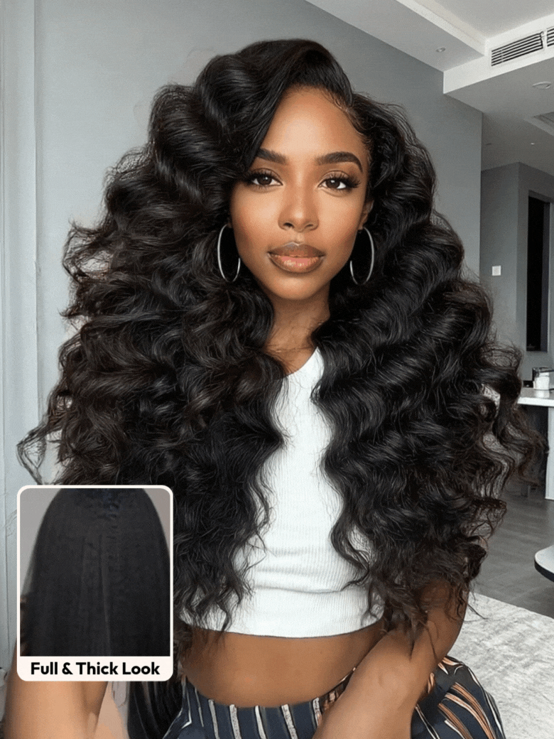 HD Real Scalp? Wig & Feathered Layers Drawstring Wig 13x4 Invisible Lace Frontal Loose Wave with Face Framing Curtain Bangs