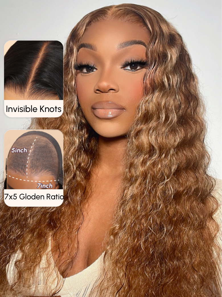 Bye-Bye Knots Wig 7x5 Glueless Lace Honey Blonde Highlights Water Wave Wig With Invisible Knots-8089