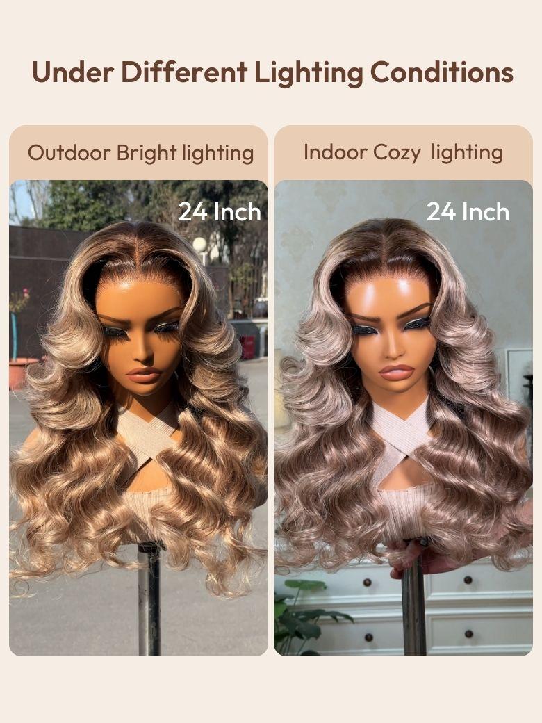 Ash Blonde With Brown Roots No Slip 13x4 Pre-Everything? Lace Frontal Body Wave Wig with Invisi Drawstring