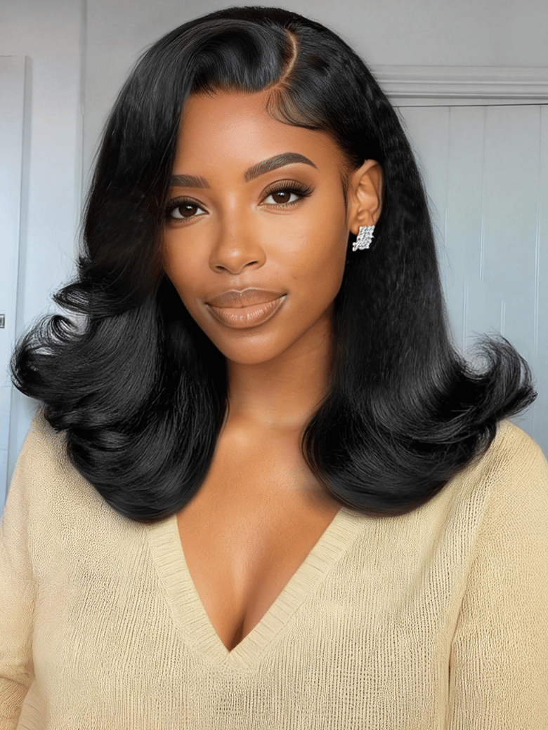 Bye-Bye Knots? 7x5 Pre-cut Lace Natural Black with Caramel Brown Highlight Yaki Straight Bob Wig