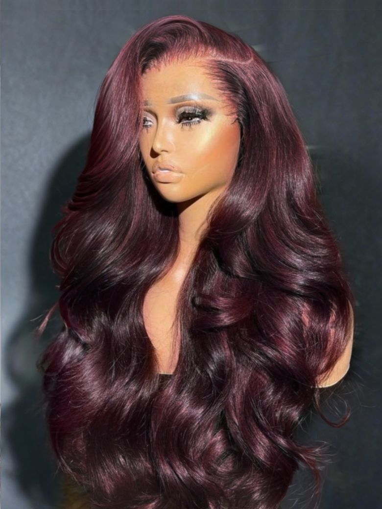 7x5 Bye-Bye Knots? & 13x4 Pre-Everything? Lace Frontal Purple Black Cherry Layered Straight & Loose Wave With Invisi Drawstring Wig