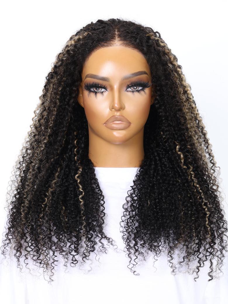 Bye Bye Knots Wig 7x5 Glueless Lace Black With Blonde Highlights Kinky Curly Bleached Knots Wig 150% Density