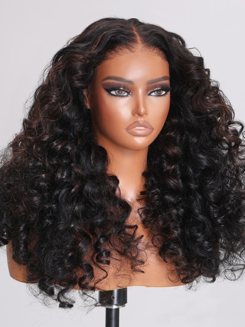 (US Only) 22 Inch 7x5 Glueless Lace 180% Density Bye Bye Knots Wig Black Brown Highlights Wand Curls Wig