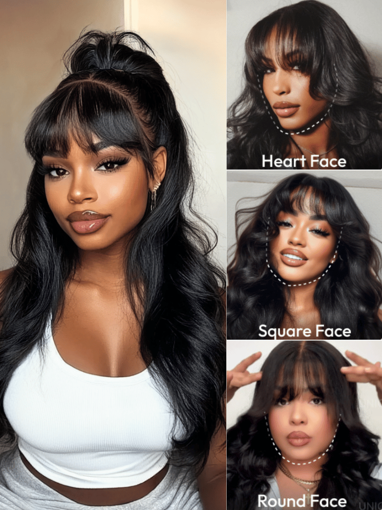 7x5 Bye-Bye Knots? & 13x4 Pre-Everything? Lace Frontal Pull And Go Black Fluffy Natural Loose Wave Curtain Bangs Wig with Free Ear Tape