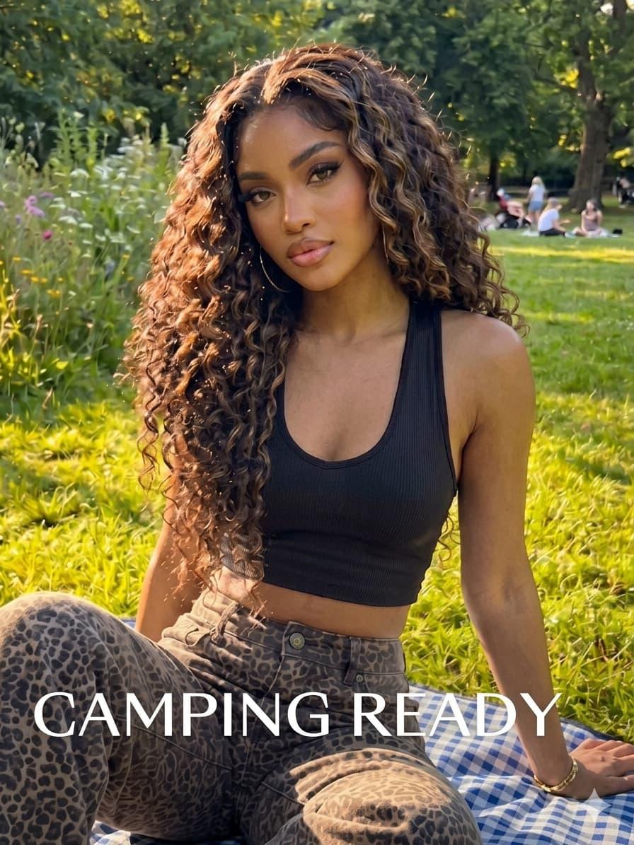 7x5 Bye-Bye Slip Lace Water Wave Black Wig With Golden Brown Highlights 150% Density Perfect Beach