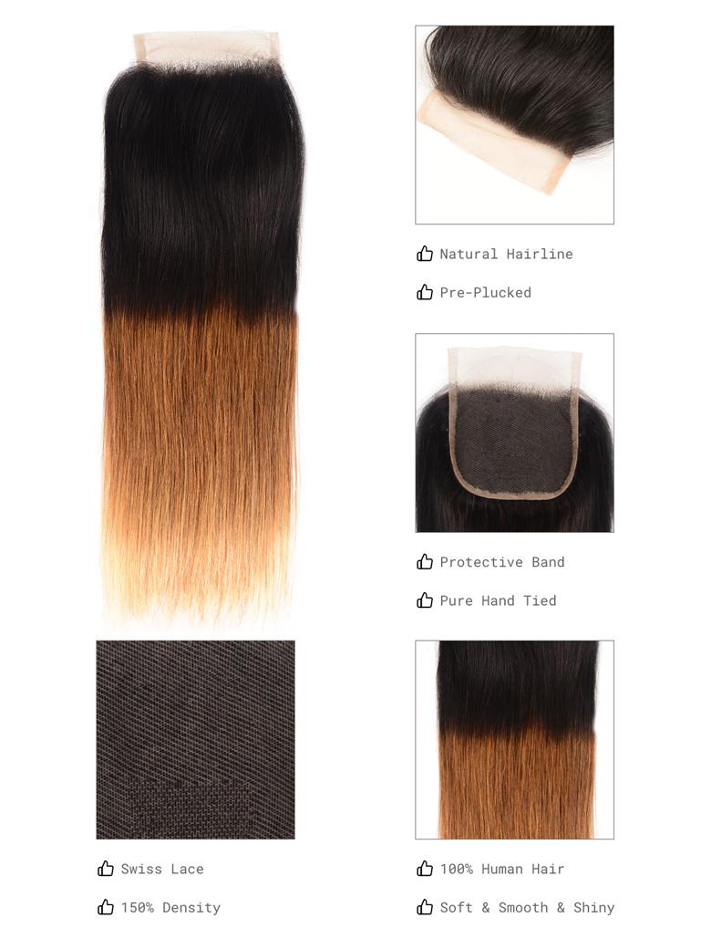 3 Tones Ombre Straight Human Hair Lace Closure Sew In 1B/4/27 Remy Hair
