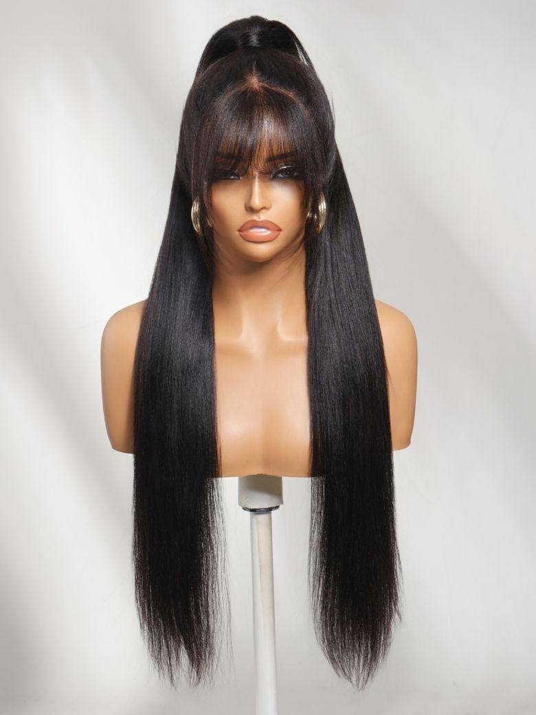 7x5 Bye Bye Slip? Lace Black Glueless Long Layered Yaki Straight Drawstring Wig with Wispy Bangs