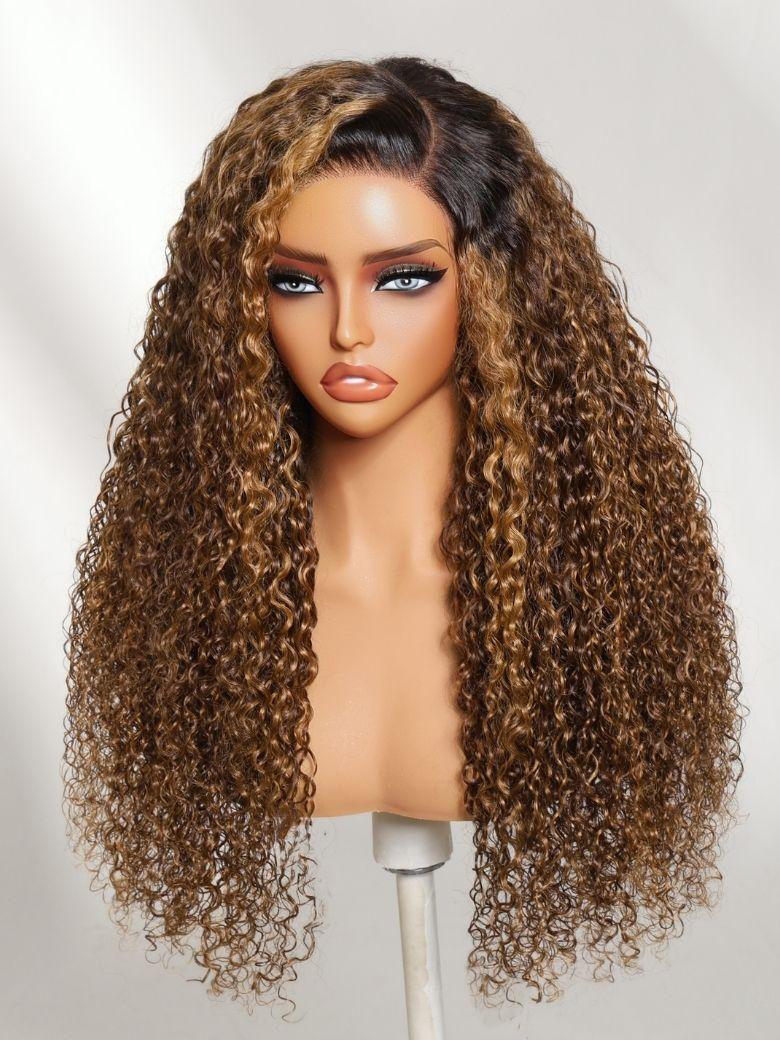13x4 Pre-Everything? Lace Frontal Honey Brown Loose Wave Drawstring Wig with Golden Blonde Face Framing Layers