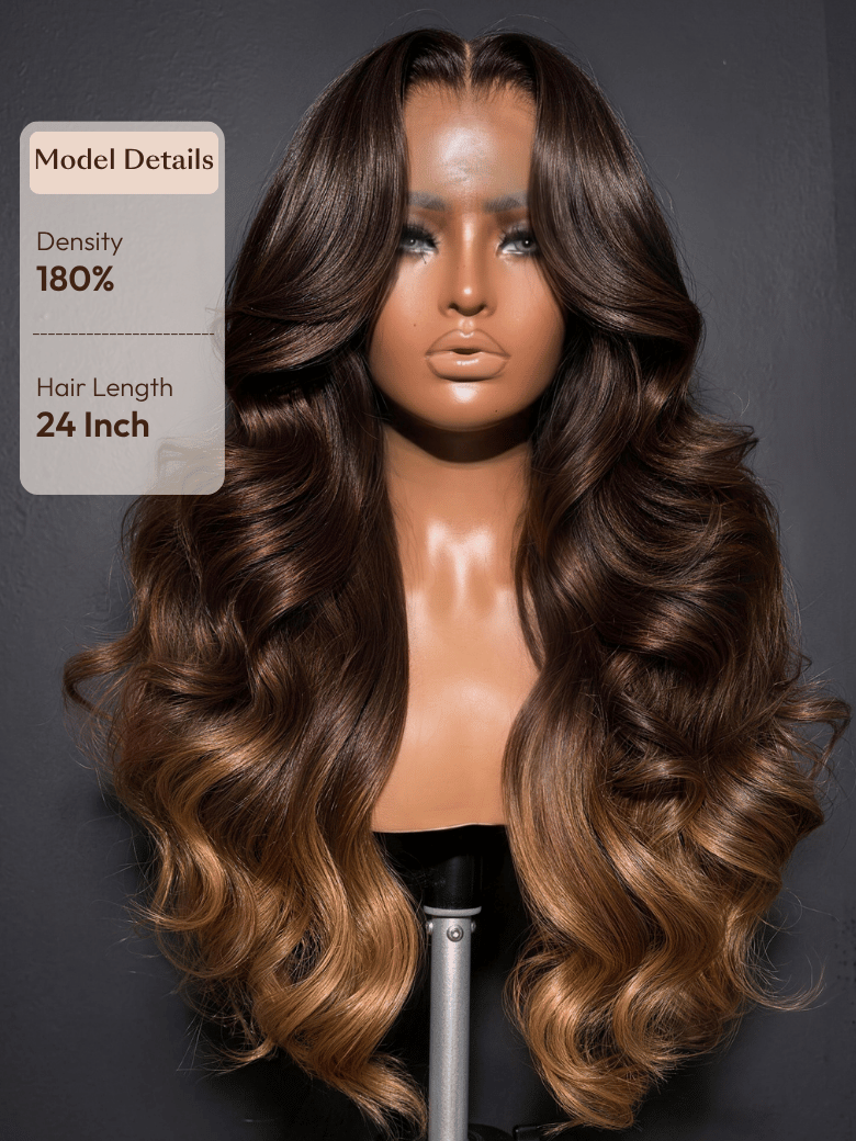 360 HD Lace Pre-plucked Luxury Raw Virgin Hair Chocolate Brown to Caramel Honey Blonde Ombre Body Wave Wig