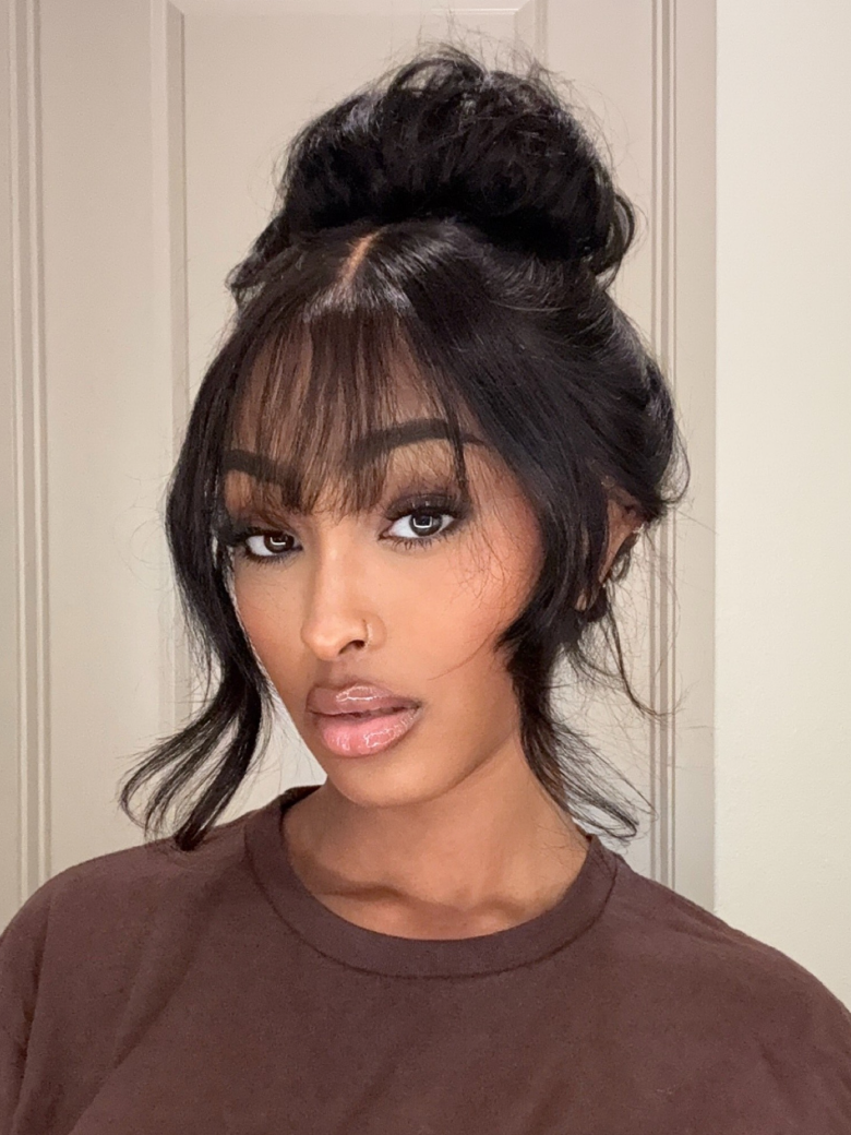 7x5 ByeBye Knots? Black Fluffy Natural Loose Wave Curtain Bangs Wig