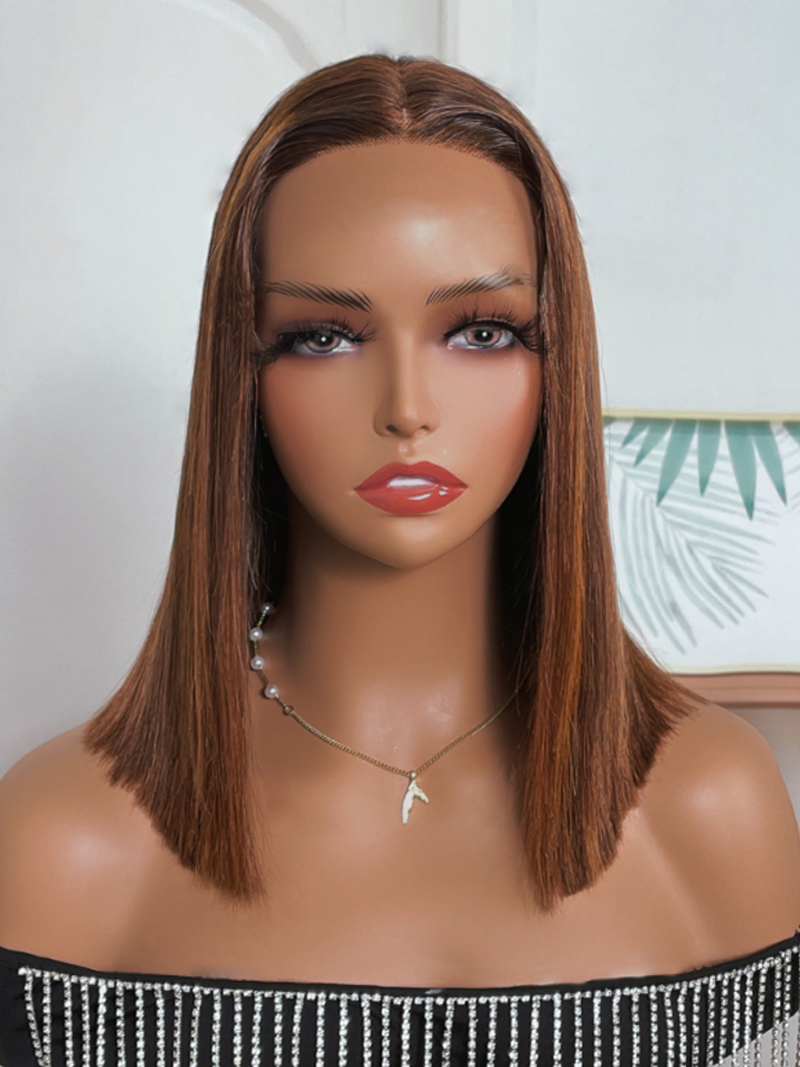 Toffee Brown With Piano Highlights Blunt Cut 13x5 T Part Bob Wig