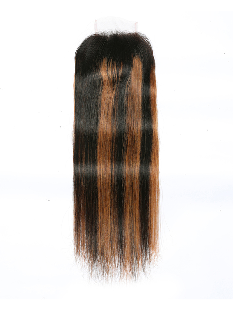 Brown Highlights Human Hair 4x4 Free Part Silky Straight Top Lace Closure Piano Color