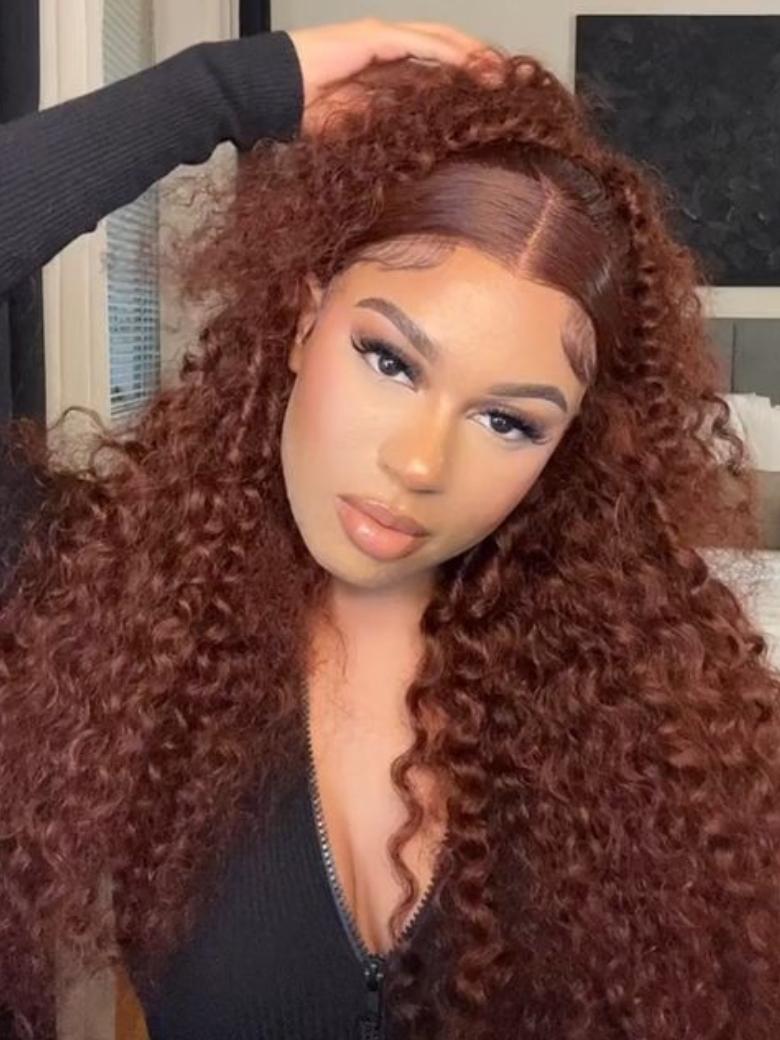 13x4 Pre Everything Glueless Lace Frontal Wig Reddish Brown Water Wave Wig Pre-Cut & Pre-Pluck & Pre-Bleached Pre-Everything Wig 150 Density