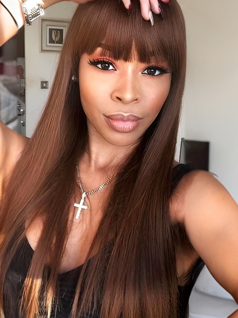 Layer Cut Mocha Medium Brown Glueless Beginner Friendly Straight Wig With Bangs