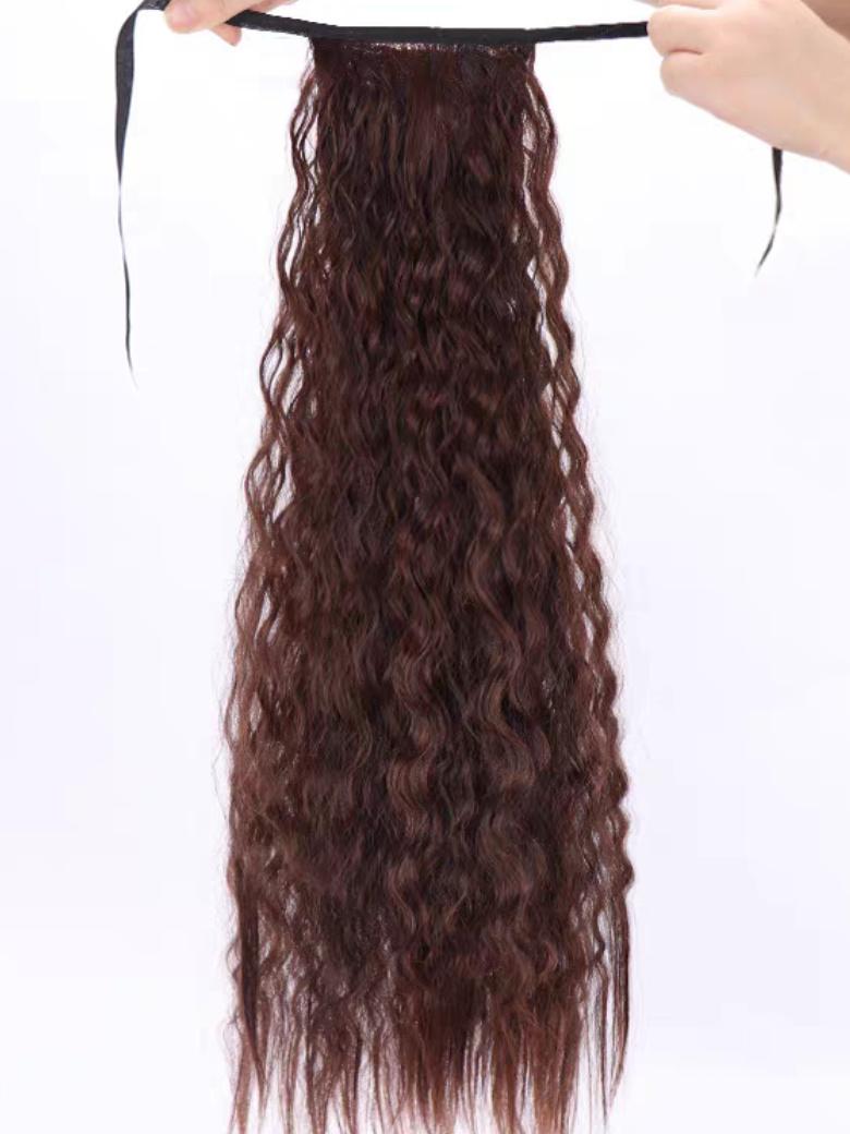 Machine-Made Dark Brown Deep Wave Clip-In Ponytail Extension